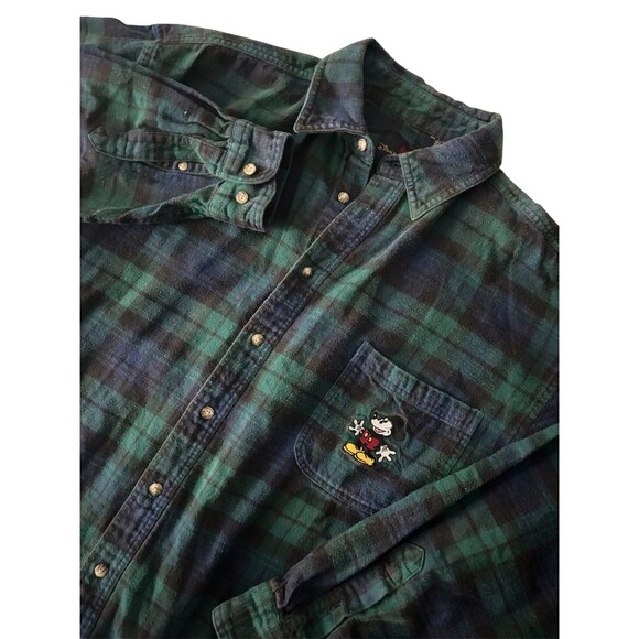 Vintage 90s Disney Mickey Flannel Shirt Men XL Blue/Green Plaid Checkered - Picture 3 of 6